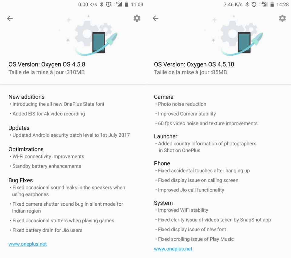 OxygenOS update 4.5.8 et 4.5.10 oneplus 5